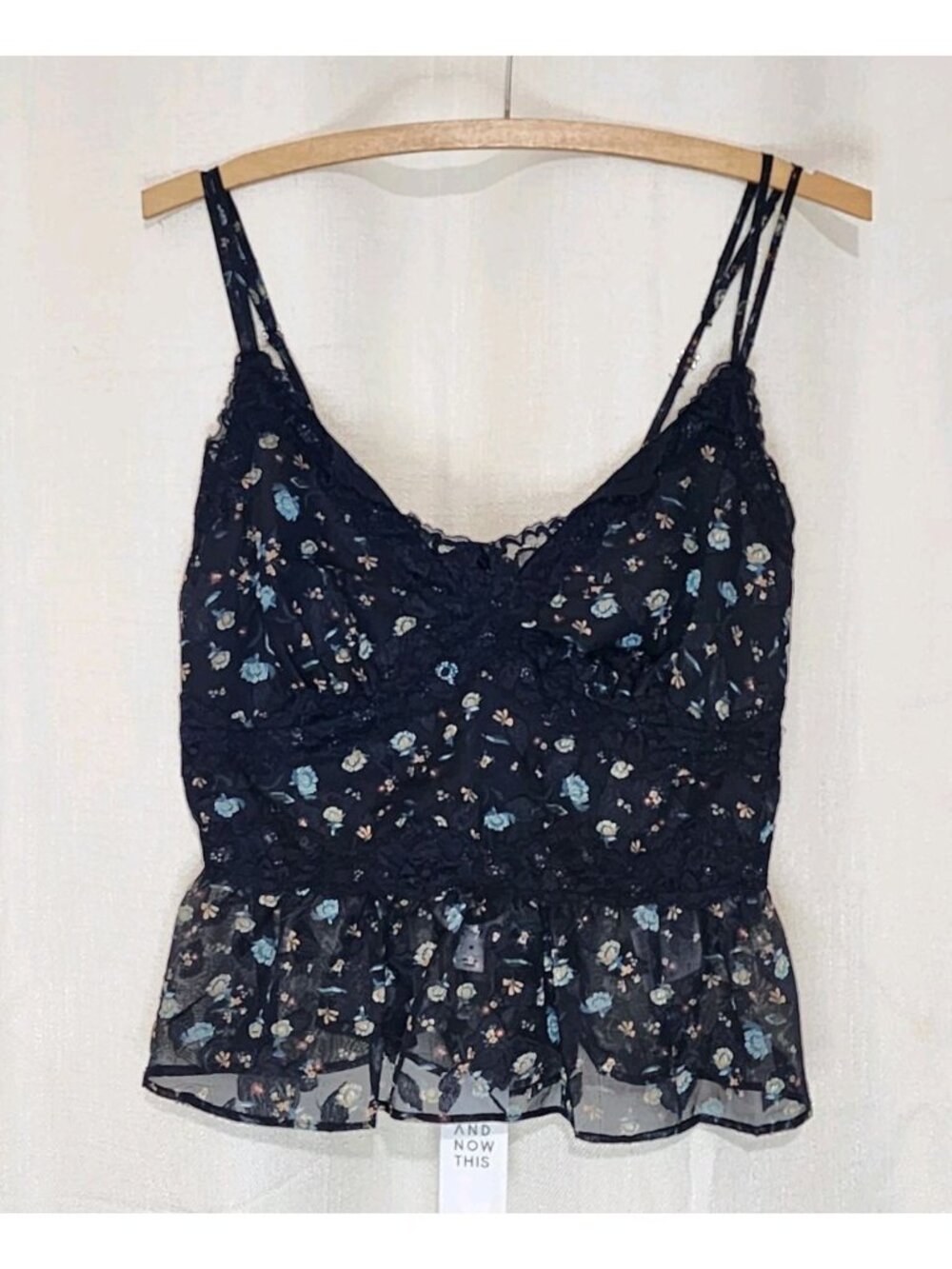 And Now This Women's Crop Tank Top Lace Trim Tie Back Floral Black Medium NWT